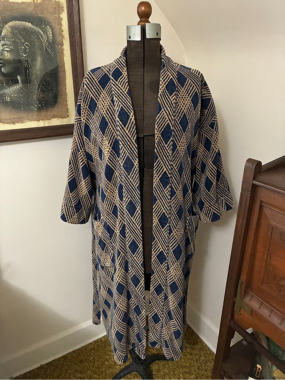 Vintage Dior Navy and Tan Patterned Robe